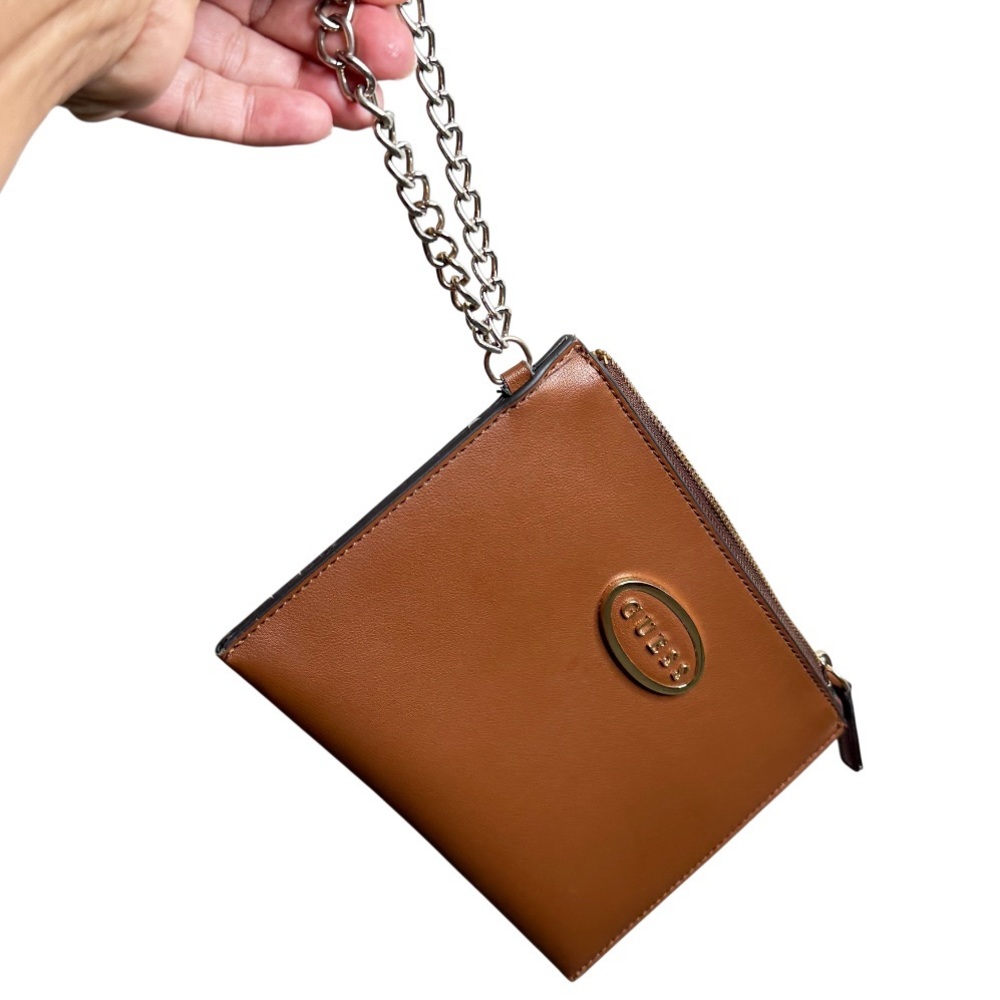 Guess Wristlet Brown Leather Card Holder With Chain 9”X‎ 6”